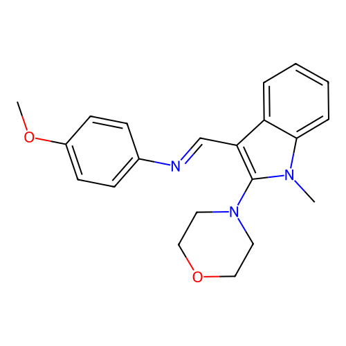 4-methoxy-N-[(E)-(1-methyl-2-morpholino-1H-indol-3-yl)methylidene]aniline structure