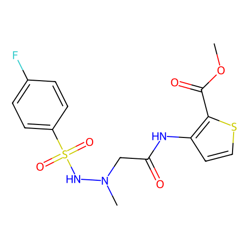 methyl 3-[(2-{2-[(4-fluorophenyl)sulfonyl]-1-methylhydrazino}acetyl)amino]-2-thiophenecarboxylate structure
