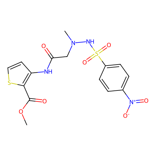methyl 3-[(2-{1-methyl-2-[(4-nitrophenyl)sulfonyl]hydrazino}acetyl)amino]-2-thiophenecarboxylate structure