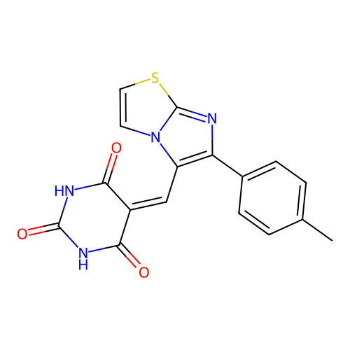 5-{[6-(4-methylphenyl)imidazo[2,1-b][1,3]thiazol-5-yl]methylene}-2,4,6(1H,3H,5H)-pyrimidinetrione structure