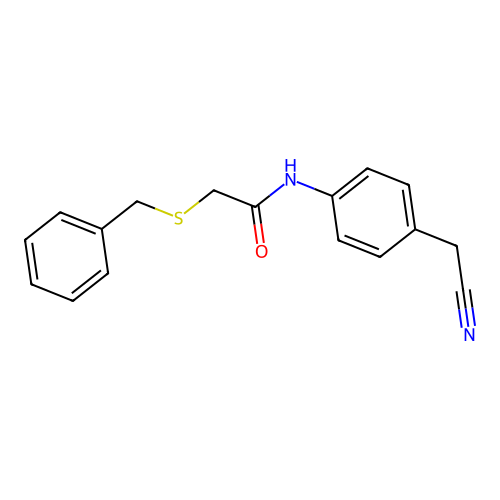 2-benzylsulfanyl-N-[4-(cyanomethyl)phenyl]acetamide structure