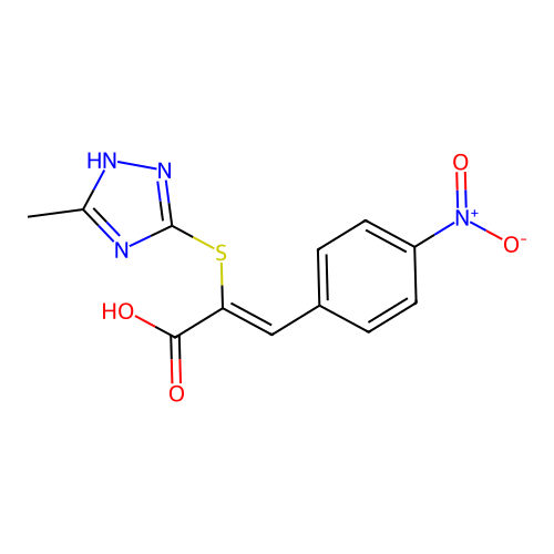 2-[(3-Methyl-1H-1,2,4-triazol-5-yl)thio]-3-(4-nitrophenyl)-2-propenoic acid structure