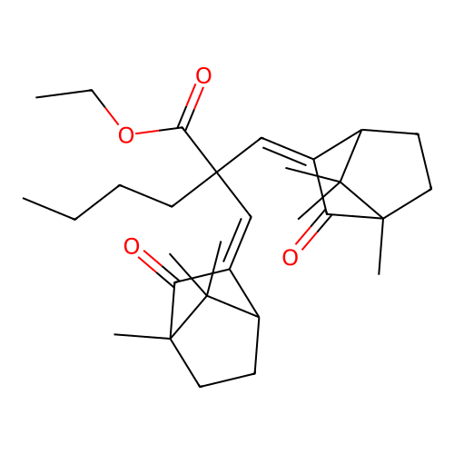 ethyl 2,2-bis((Z)-(4,7,7-trimethyl-3-oxobicyclo[2.2.1]heptan-2-ylidene)methyl)hexanoate structure