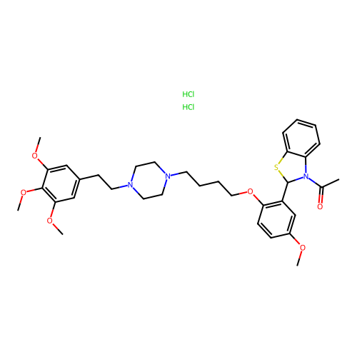 Benzothiazole, 2,3-dihydro-3-acetyl-2-(5-methoxy-2-(4-(4-(2-(3,4,5-trimethoxyphenyl)ethyl)-1-piperazinyl)butoxy)phenyl)-, dihydrochloride structure