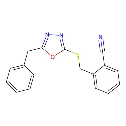 2-[(5-Benzyl-1,3,4-oxadiazol-2-yl)sulfanylmethyl]benzonitrile structure