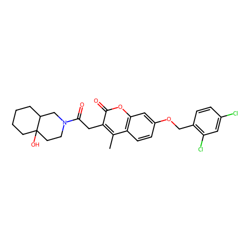 3-[2-(4a-hydroxy-1,3,4,5,6,7,8,8a-octahydroisoquinolin-2-yl)-2-oxoethyl]-7-[(2,4-dichlorophenyl)methoxy]-4-methylchromen-2-one structure