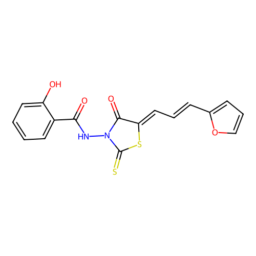 N-[(5Z)-5-[(E)-3-(furan-2-yl)prop-2-enylidene]-4-oxo-2-sulfanylidene-1,3-thiazolidin-3-yl]-2-hydroxybenzamide structure