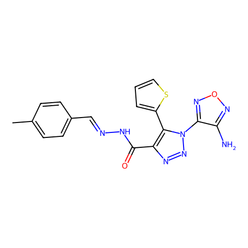 (E)-1-(4-amino-1,2,5-oxadiazol-3-yl)-N'-(4-methylbenzylidene)-5-(thiophen-2-yl)-1H-1,2,3-triazole-4-carbohydrazide structure