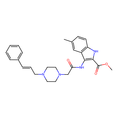 (E)-methyl 3-(2-(4-cinnamylpiperazin-1-yl)acetamido)-5-methyl-1H-indole-2-carboxylate structure