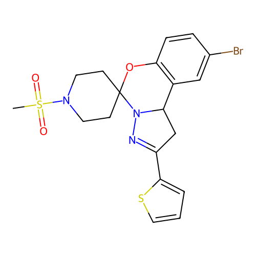 9'-bromo-1-(methylsulfonyl)-2'-(thiophen-2-yl)-1',10b'-dihydrospiro[piperidine-4,5'-pyrazolo[1,5-c][1,3]benzoxazine] structure