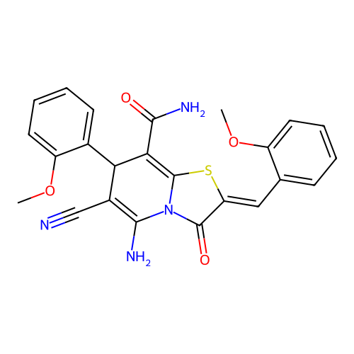 (2Z)-5-amino-6-cyano-2-(2-methoxybenzylidene)-7-(2-methoxyphenyl)-3-oxo-2,3-dihydro-7H-[1,3]thiazolo[3,2-a]pyridine-8-carboxamide structure
