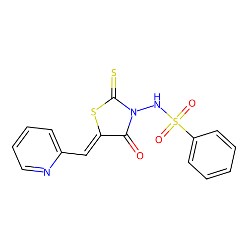 N-[(5Z)-4-oxo-5-(pyridin-2-ylmethylidene)-2-thioxo-1,3-thiazolidin-3-yl]benzenesulfonamide structure