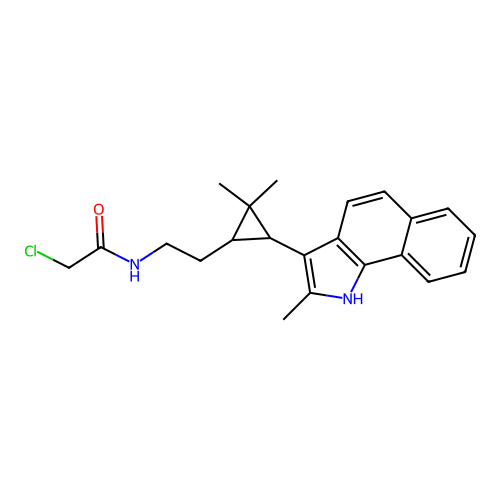 2-chloro-N-(2-(2,2-dimethyl-3-(2-methyl-1H-benzo[g]indol-3-yl)cyclopropyl)ethyl)acetamide structure