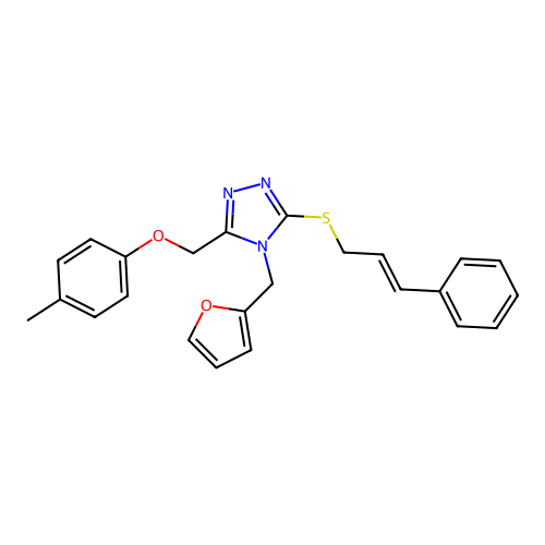 4-(furan-2-ylmethyl)-3-[(4-methylphenoxy)methyl]-5-[(E)-3-phenylprop-2-enyl]sulfanyl-1,2,4-triazole structure
