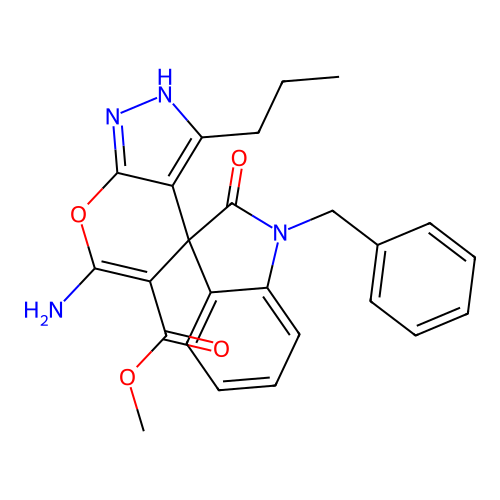 methyl 6'-amino-1-benzyl-2-oxo-3'-propyl-1,2-dihydro-1'H-spiro[indole-3,4'-pyrano[2,3-c]pyrazole]-5'-carboxylate structure