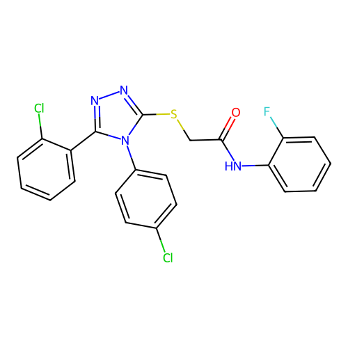 2-[[5-(2-chlorophenyl)-4-(4-chlorophenyl)-1,2,4-triazol-3-yl]sulfanyl]-N-(2-fluorophenyl)acetamide structure