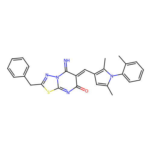 (6Z)-2-benzyl-6-[[2,5-dimethyl-1-(2-methylphenyl)pyrrol-3-yl]methylidene]-5-imino-[1,3,4]thiadiazolo[3,2-a]pyrimidin-7-one structure