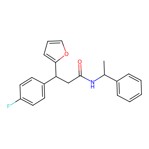 3-(4-fluorophenyl)-3-(furan-2-yl)-N-(1-phenylethyl)propanamide structure