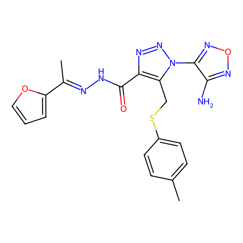 (E)-1-(4-amino-1,2,5-oxadiazol-3-yl)-N'-(1-(furan-2-yl)ethylidene)-5-((p-tolylthio)methyl)-1H-1,2,3-triazole-4-carbohydrazide structure