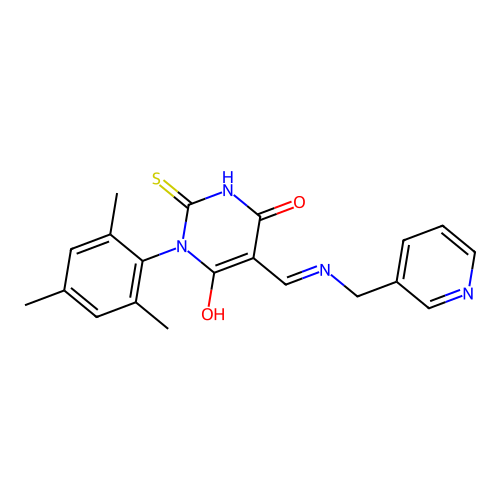 (5E)-5-[(pyridin-3-ylmethylamino)methylidene]-2-sulfanylidene-1-(2,4,6-trimethylphenyl)-1,3-diazinane-4,6-dione structure