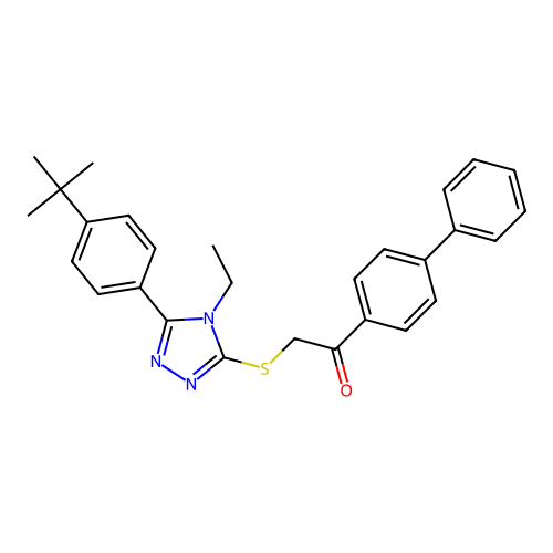 1-([1,1'-biphenyl]-4-yl)-2-((5-(4-(tert-butyl)phenyl)-4-ethyl-4H-1,2,4-triazol-3-yl)thio)ethanone structure