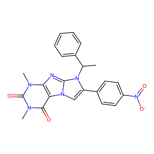 1,3-dimethyl-7-(4-nitrophenyl)-8-(1-phenylethyl)-1H-imidazo[2,1-f]purine-2,4(3H,8H)-dione structure