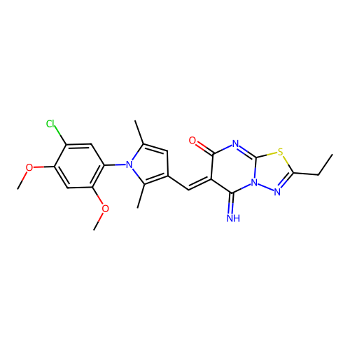 (6Z)-6-[[1-(5-chloro-2,4-dimethoxyphenyl)-2,5-dimethylpyrrol-3-yl]methylidene]-2-ethyl-5-imino-[1,3,4]thiadiazolo[3,2-a]pyrimidin-7-one structure