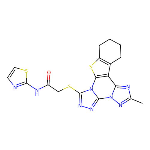 2-((2-methyl-10,11,12,13-tetrahydrobenzo[4,5]thieno[3,2-e]bis([1,2,4]triazolo)[4,3-a:1',5'-c]pyrimidin-7-yl)thio)-N-(thiazol-2-yl)acetamide structure