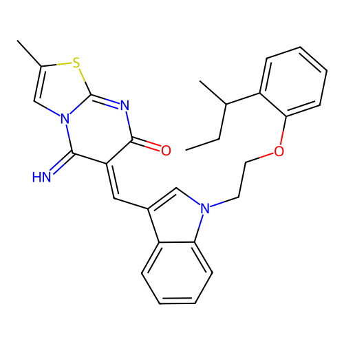 (6Z)-6-[(1-{2-[2-(butan-2-yl)phenoxy]ethyl}-1H-indol-3-yl)methylidene]-5-imino-2-methyl-5,6-dihydro-7H-[1,3]thiazolo[3,2-a]pyrimidin-7-one structure