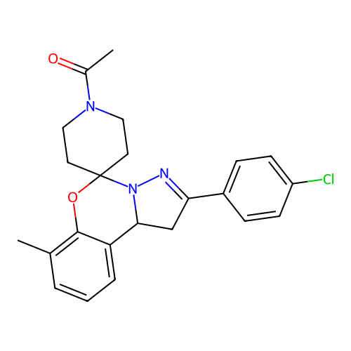 1-(2-(4-chlorophenyl)-7-methyl-1,10b-dihydrospiro[benzo[e]pyrazolo[1,5-c][1,3]oxazine-5,4'-piperidin]-1'-yl)ethanone structure
