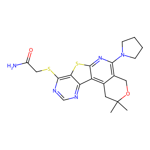 2-((2,2-dimethyl-5-(pyrrolidin-1-yl)-2,4-dihydro-1H-pyrano[4'',3'':4',5']pyrido[3',2':4,5]thieno[3,2-d]pyrimidin-8-yl)thio)acetamide structure