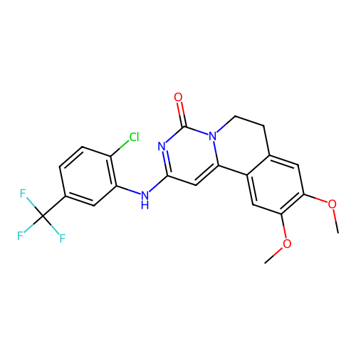 2-((2-chloro-5-(trifluoromethyl)phenyl)amino)-9,10-dimethoxy-6,7-dihydro-4H-pyrimido[6,1-a]isoquinolin-4-one structure
