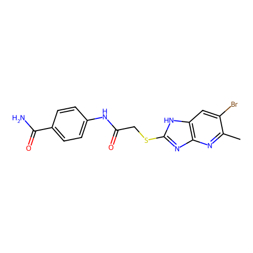 4-({[(6-bromo-5-methyl-1H-imidazo[4,5-b]pyridin-2-yl)sulfanyl]acetyl}amino)benzamide structure