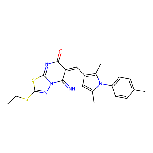 (6E)-6-[[2,5-dimethyl-1-(4-methylphenyl)pyrrol-3-yl]methylidene]-2-ethylsulfanyl-5-imino-[1,3,4]thiadiazolo[3,2-a]pyrimidin-7-one structure