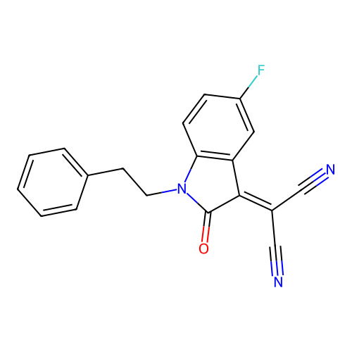2-(5-fluoro-2-oxo-1-phenethylindol-3-ylidene)propanedinitrile structure