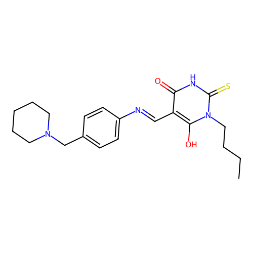 (5E)-1-butyl-5-[[4-(piperidin-1-ylmethyl)anilino]methylidene]-2-sulfanylidene-1,3-diazinane-4,6-dione structure