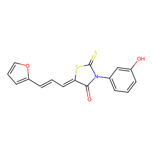 5-((2E)-3-(2-furyl)prop-2-enylidene)-3-(3-hydroxyphenyl)-2-thioxo-1,3-thiazoli din-4-one structure