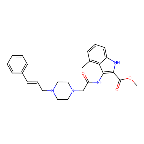 (E)-methyl 3-(2-(4-cinnamylpiperazin-1-yl)acetamido)-4-methyl-1H-indole-2-carboxylate structure