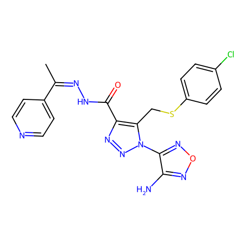 (Z)-1-(4-amino-1,2,5-oxadiazol-3-yl)-5-(((4-chlorophenyl)thio)methyl)-N'-(1-(pyridin-4-yl)ethylidene)-1H-1,2,3-triazole-4-carbohydrazide structure