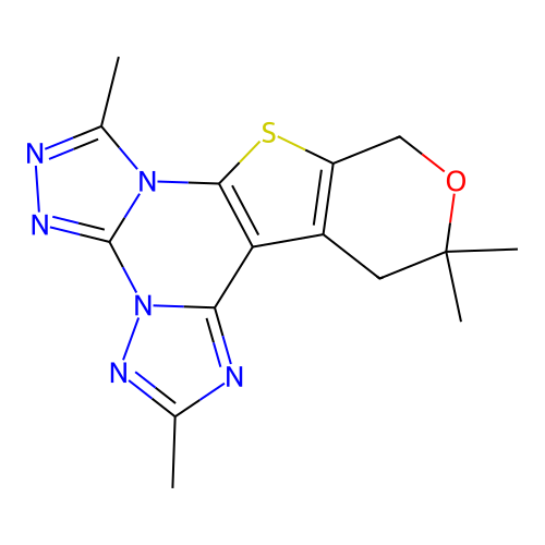 2,7,12,12-tetramethyl-12,13-dihydro-10H-pyrano[4',3':4,5]thieno[3,2-e]bis([1,2,4]triazolo)[4,3-a:1',5'-c]pyrimidine structure