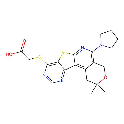{[2,2-dimethyl-5-(pyrrolidin-1-yl)-1,4-dihydro-2H-pyrano[4'',3'':4',5']pyrido[3',2':4,5]thieno[3,2-d]pyrimidin-8-yl]sulfanyl}acetic acid structure