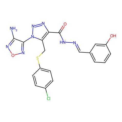(E)-1-(4-amino-1,2,5-oxadiazol-3-yl)-5-(((4-chlorophenyl)thio)methyl)-N'-(3-hydroxybenzylidene)-1H-1,2,3-triazole-4-carbohydrazide structure