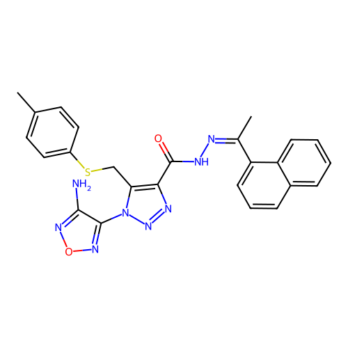 (Z)-1-(4-amino-1,2,5-oxadiazol-3-yl)-N'-(1-(naphthalen-1-yl)ethylidene)-5-((p-tolylthio)methyl)-1H-1,2,3-triazole-4-carbohydrazide structure