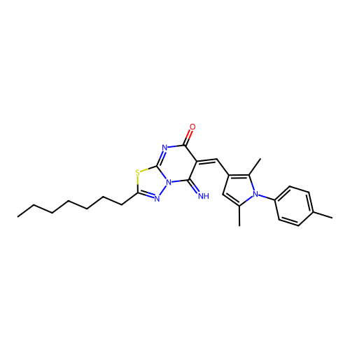 (6E)-6-[[2,5-dimethyl-1-(4-methylphenyl)pyrrol-3-yl]methylidene]-2-heptyl-5-imino-[1,3,4]thiadiazolo[3,2-a]pyrimidin-7-one structure