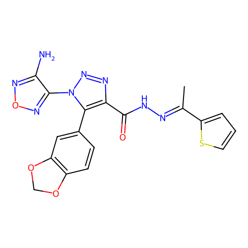 (E)-1-(4-amino-1,2,5-oxadiazol-3-yl)-5-(benzo[d][1,3]dioxol-5-yl)-N'-(1-(thiophen-2-yl)ethylidene)-1H-1,2,3-triazole-4-carbohydrazide structure