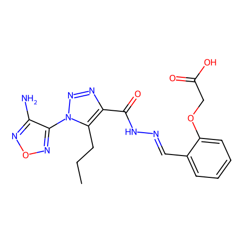 (E)-2-(2-((2-(1-(4-amino-1,2,5-oxadiazol-3-yl)-5-propyl-1H-1,2,3-triazole-4-carbonyl)hydrazono)methyl)phenoxy)acetic acid structure