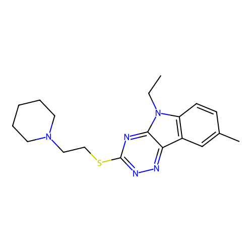 5-ethyl-8-methyl-3-((2-(piperidin-1-yl)ethyl)thio)-5H-[1,2,4]triazino[5,6-b]indole structure