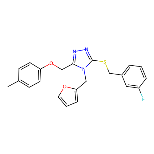 3-((3-fluorobenzyl)thio)-4-(furan-2-ylmethyl)-5-((p-tolyloxy)methyl)-4H-1,2,4-triazole structure