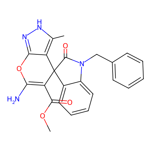 methyl 6'-amino-1-benzyl-3'-methyl-2-oxo-1'H-spiro[indoline-3,4'-pyrano[2,3-c]pyrazole]-5'-carboxylate structure