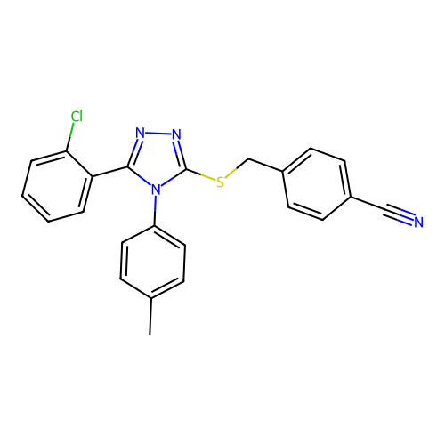 4-(((5-(2-chlorophenyl)-4-(p-tolyl)-4H-1,2,4-triazol-3-yl)thio)methyl)benzonitrile structure